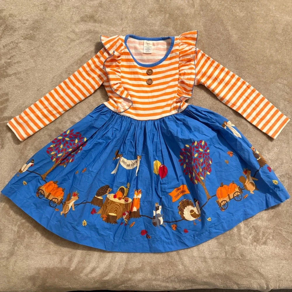 Eleanor Rose Girls Thanksgiving Dress Size 6 Orange Blue Woodland Ruffle